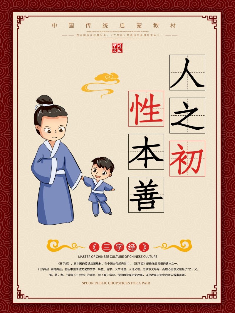 中国风古典传统美德中华文化三字经海报学校宣传展板素材