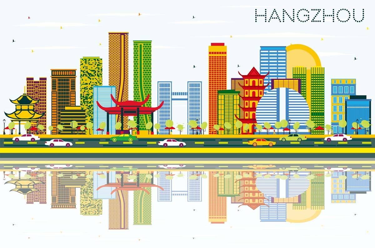 杭州城市建筑剪影插画海报素材