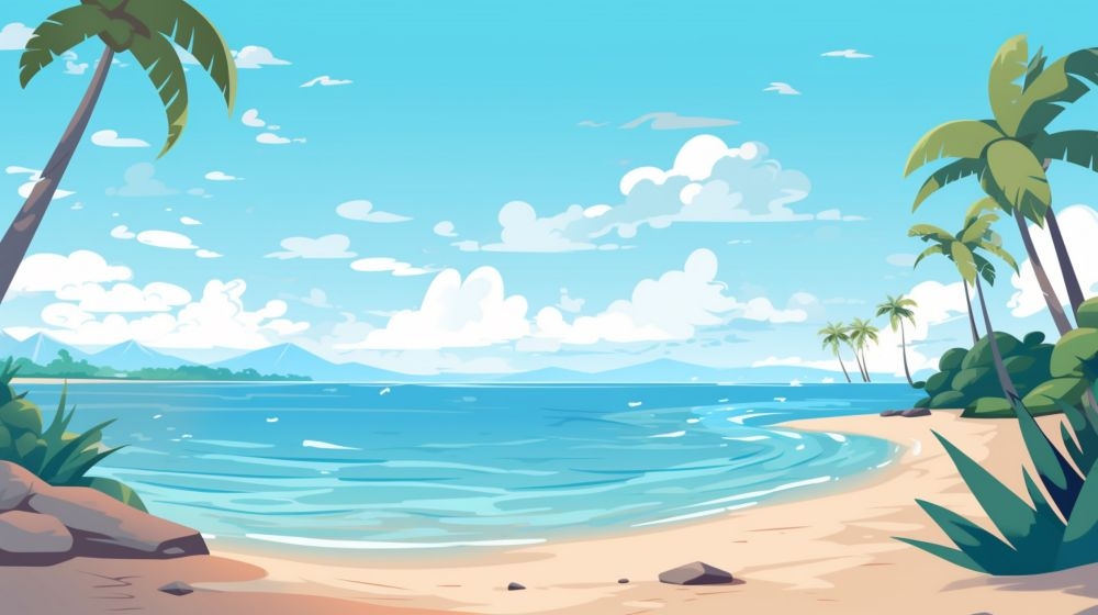 手绘卡通夏天夏日大海边沙滩天空自然风景插画背景展板海报矢量素材图