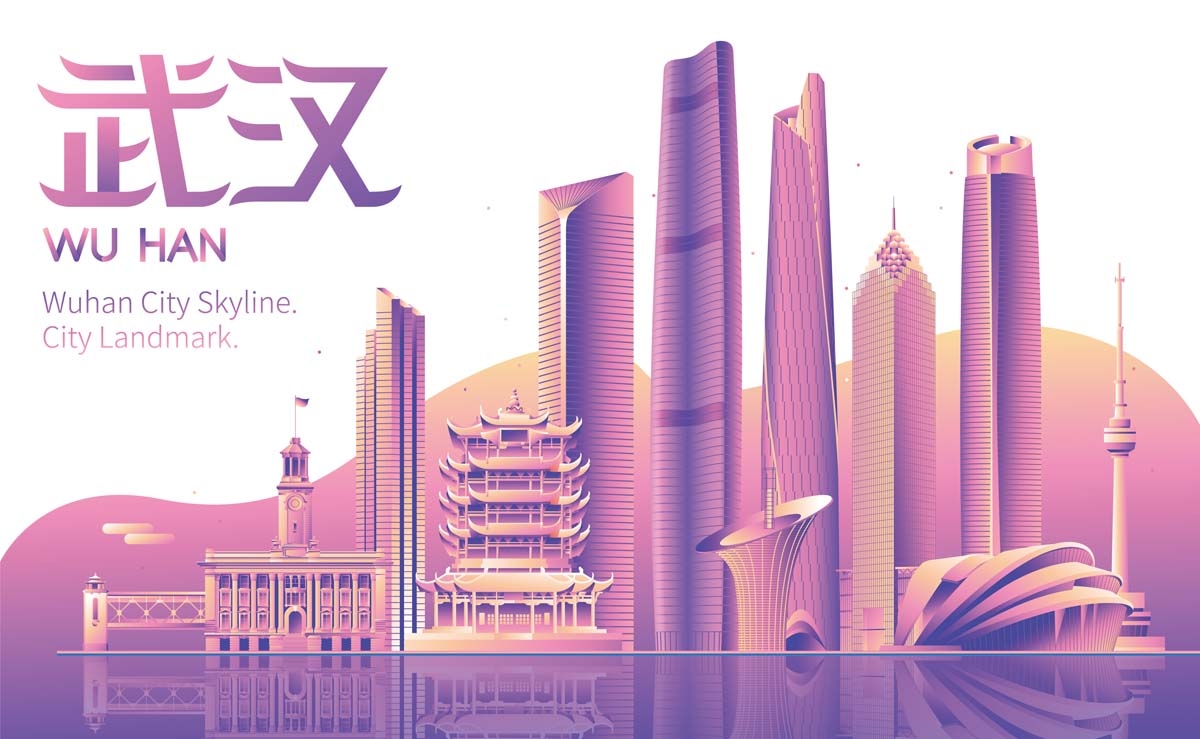 国潮武汉城市建筑线稿插画平面海报素材
