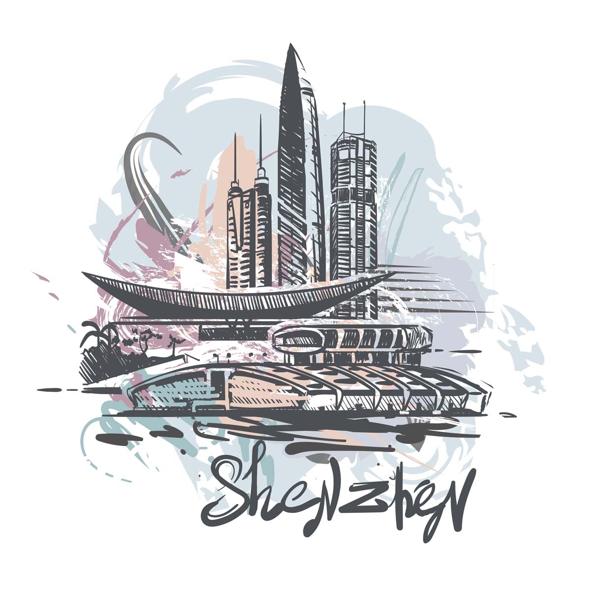 深圳城市建筑剪影插画线稿平面海报素材 (22)