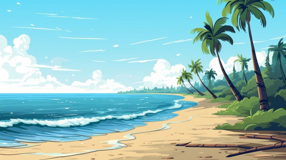 手绘卡通夏天夏日大海边沙滩天空自然风景插画背景展板海报矢量素材图 (17)