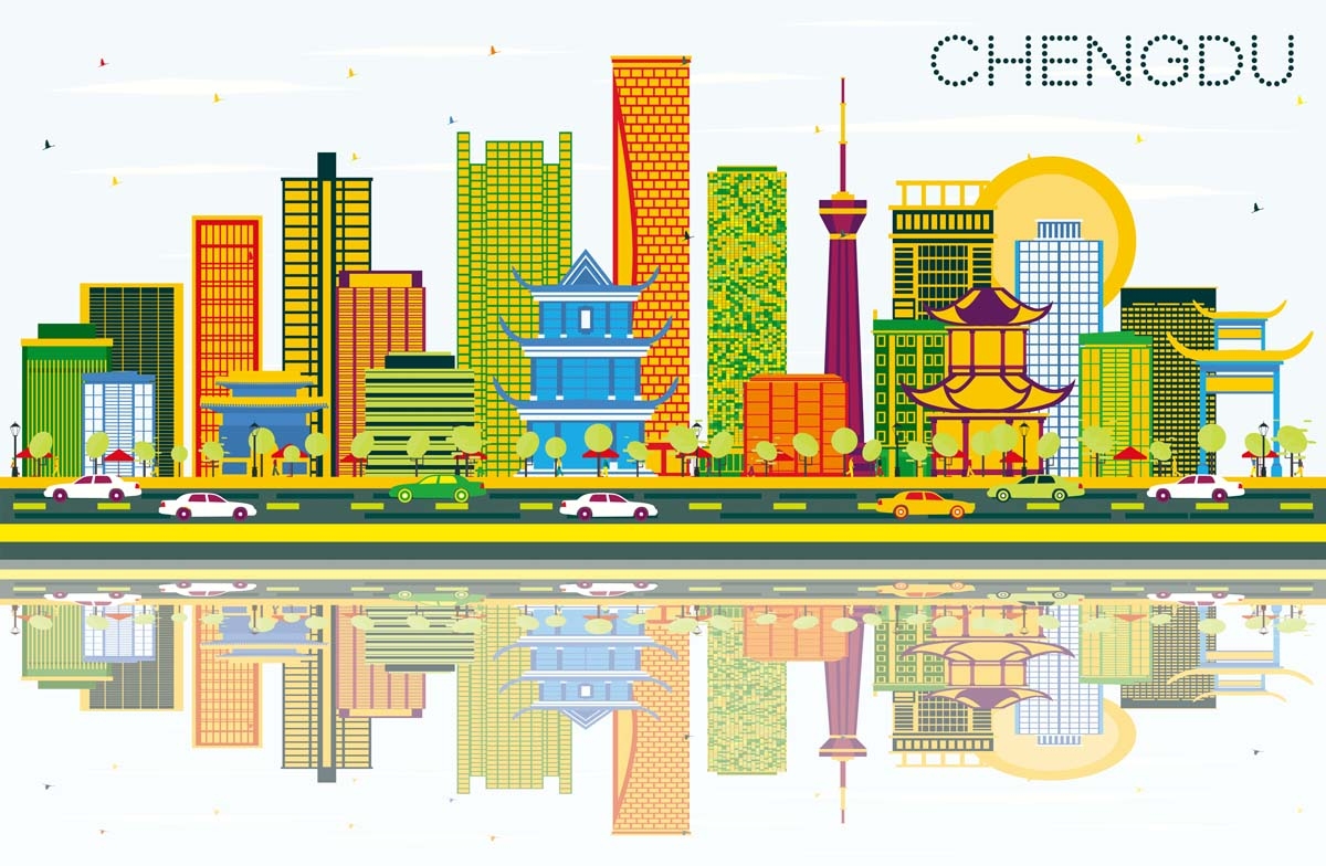 成都城市建筑剪影插画线稿平面海报素材