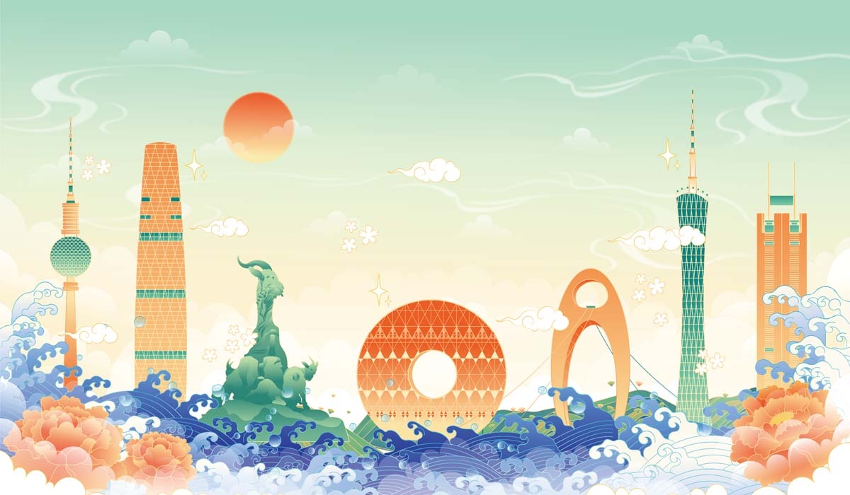 广州城市建筑剪影插画线稿平面海报素材