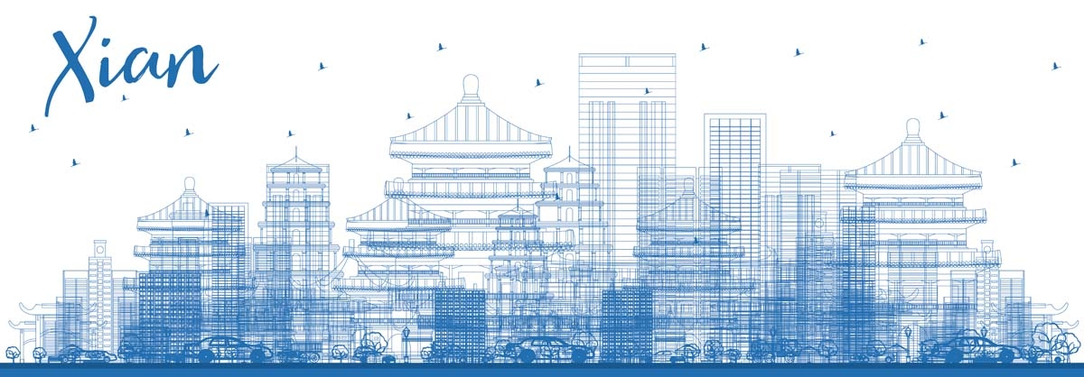 西安城市建筑剪影插画线稿平面海报素材