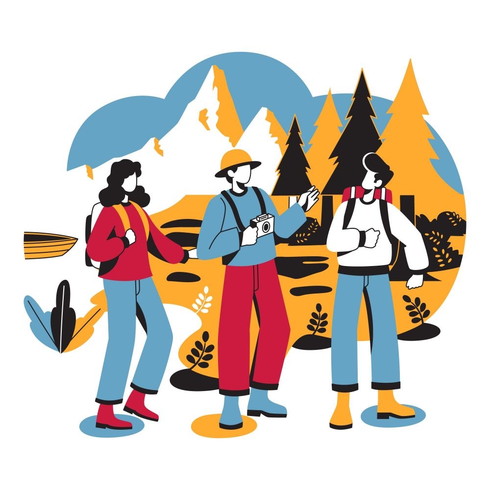 扁平手绘野外徒步旅行探险背包客人物户外场景插画AI素材53