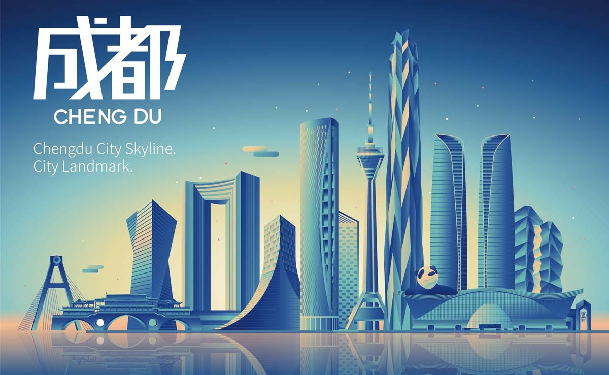 成都城市建筑剪影插画线稿平面海报素材