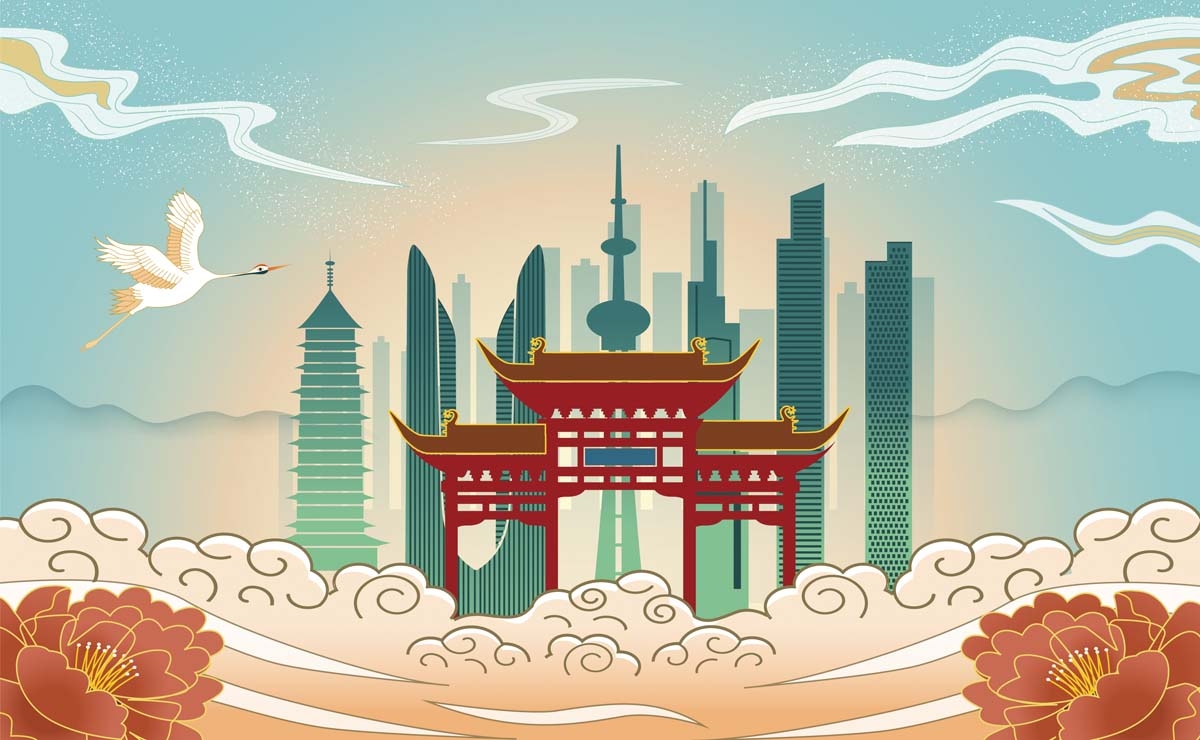 南京城市建筑剪影插画线稿平面海报素材