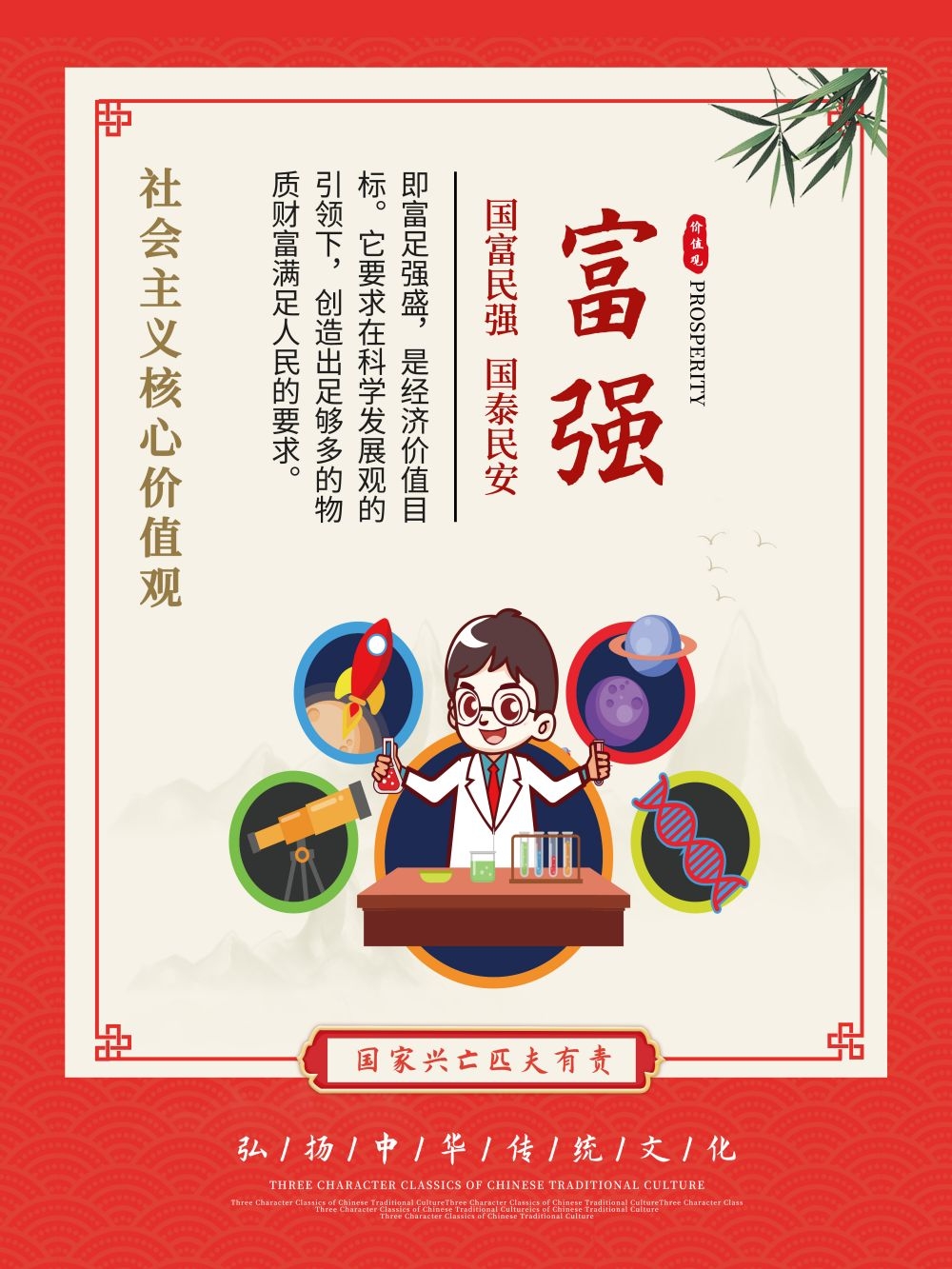 卡通校园风24字核心价值观公益海报富强4