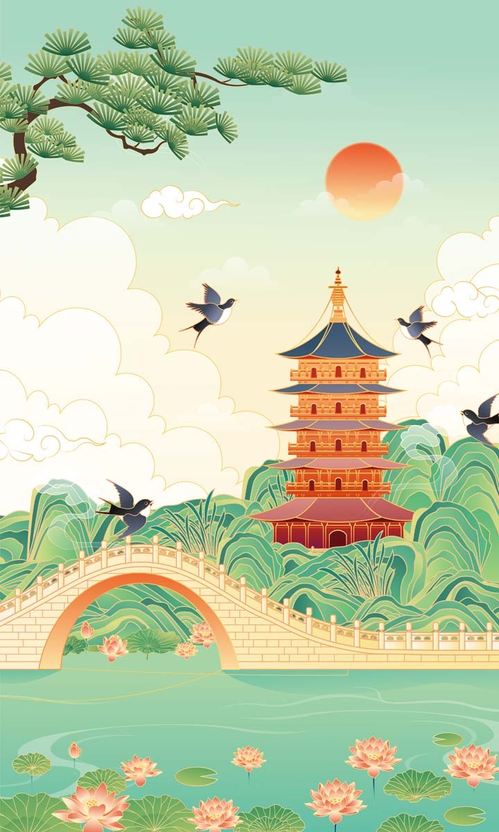 杭州城市建筑剪影插画海报素材