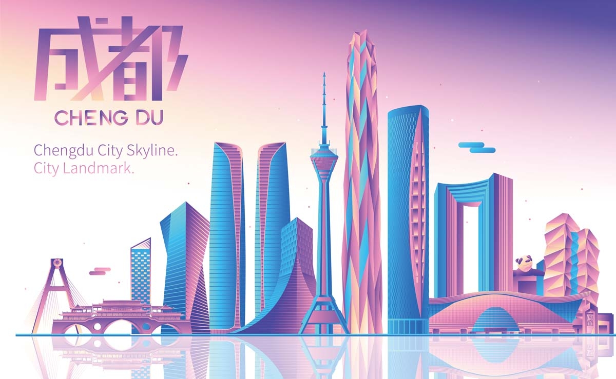 成都城市建筑剪影插画线稿平面海报素材
