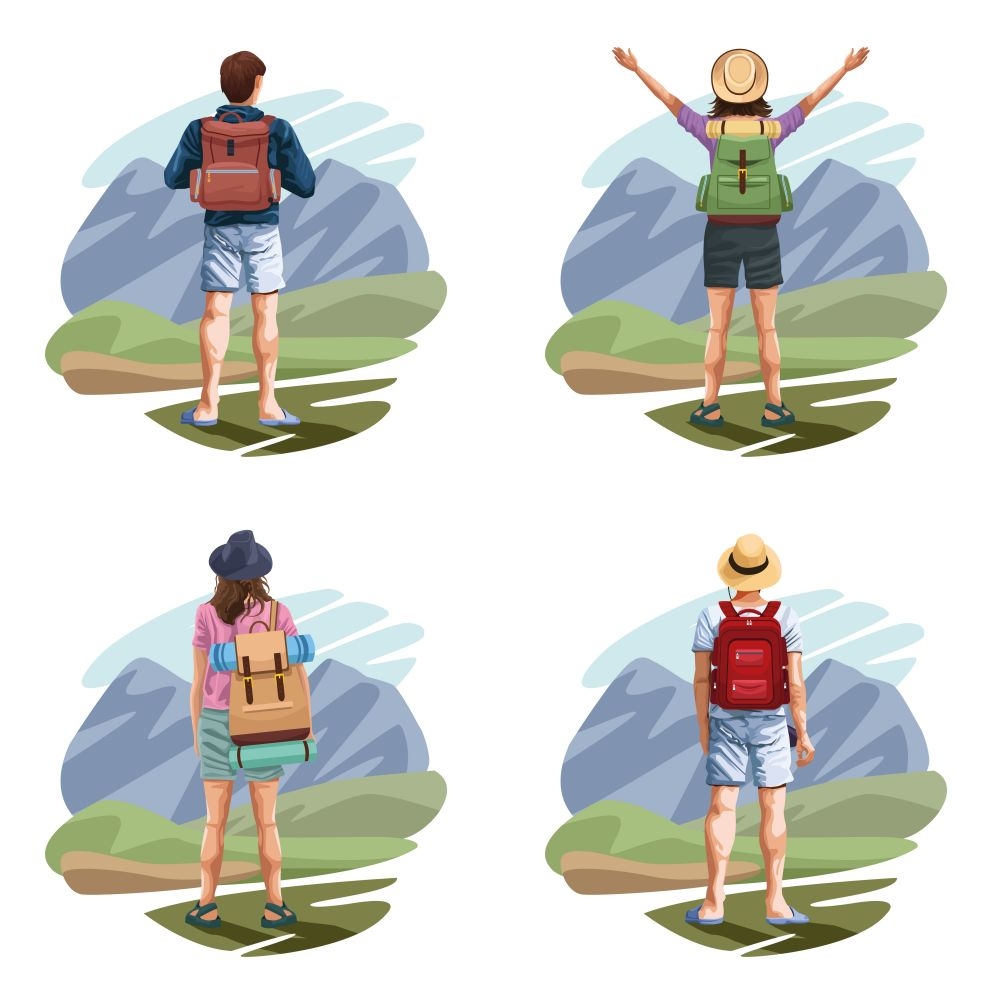 扁平手绘野外徒步旅行探险背包客人物户外场景插画AI素材40