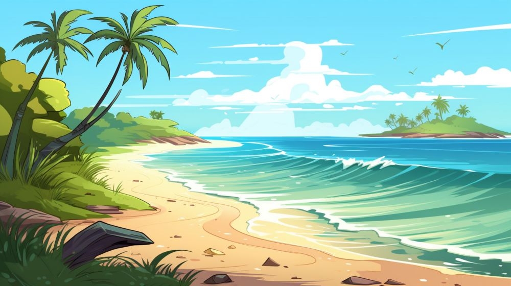 手绘卡通夏天夏日大海边沙滩天空自然风景插画背景展板海报矢量素材图