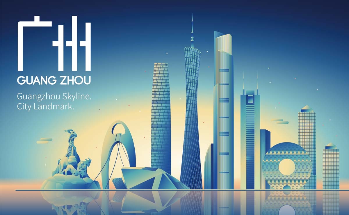 广州城市建筑剪影插画线稿平面海报素材
