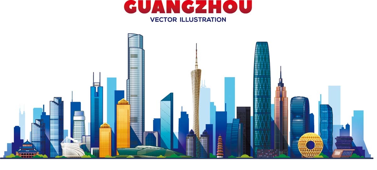 广州城市建筑剪影插画线稿平面海报素材