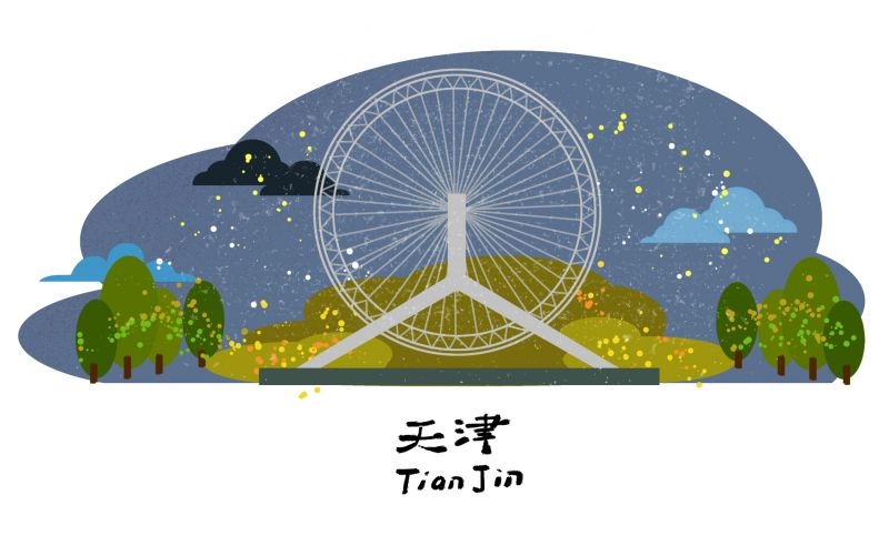 国潮天津城市建筑线稿平面海报素材