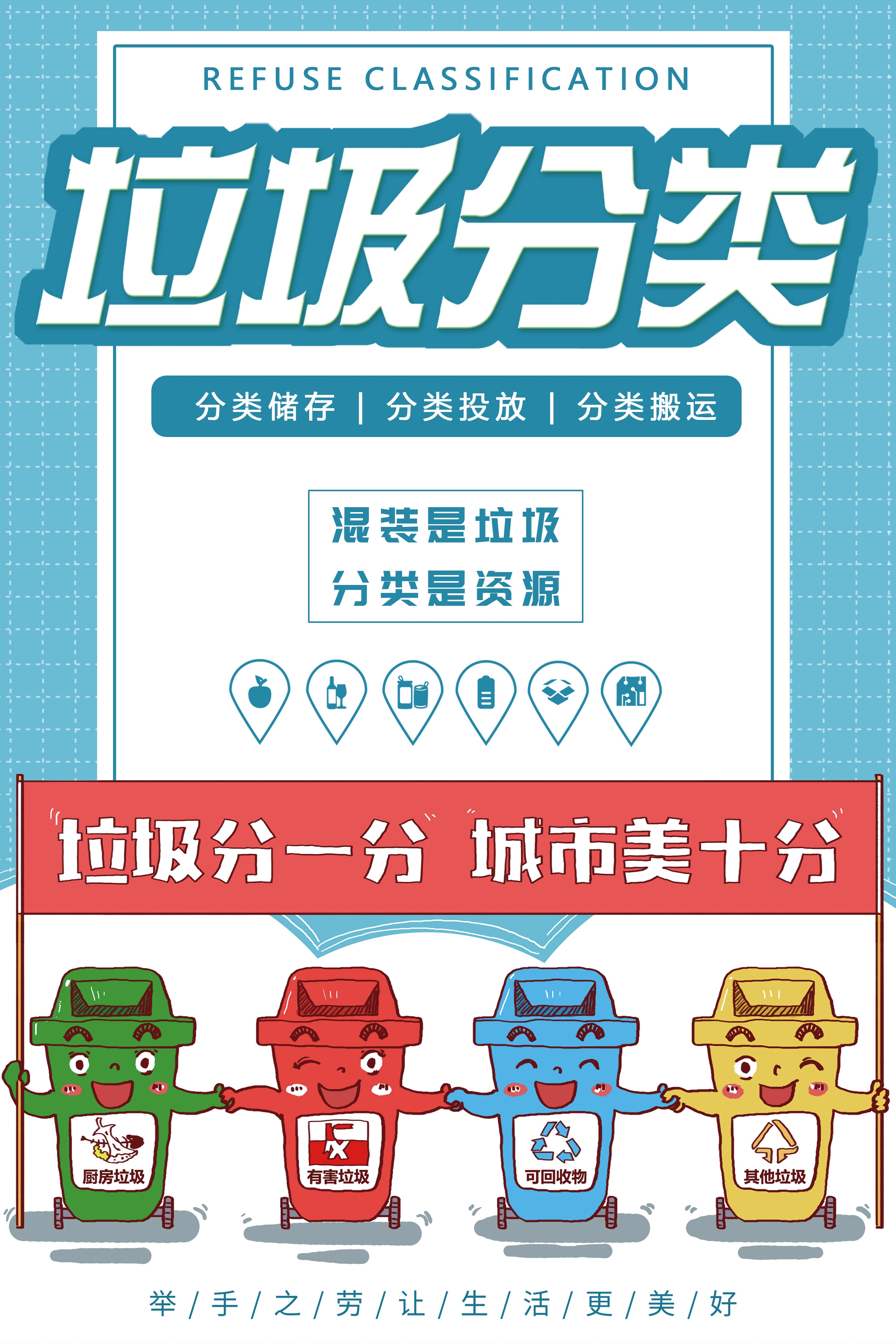 垃圾分类从我做起循环利用绿色环保垃圾不落地海报展板183