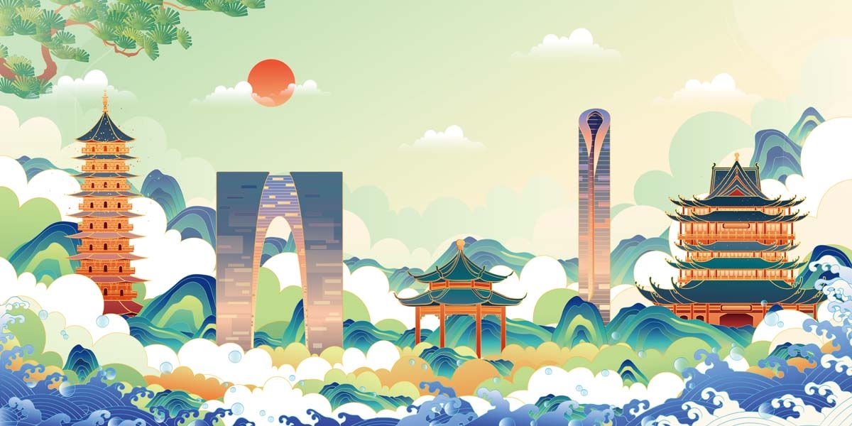 苏州城市建筑剪影插画线稿平面海报素材 (12)