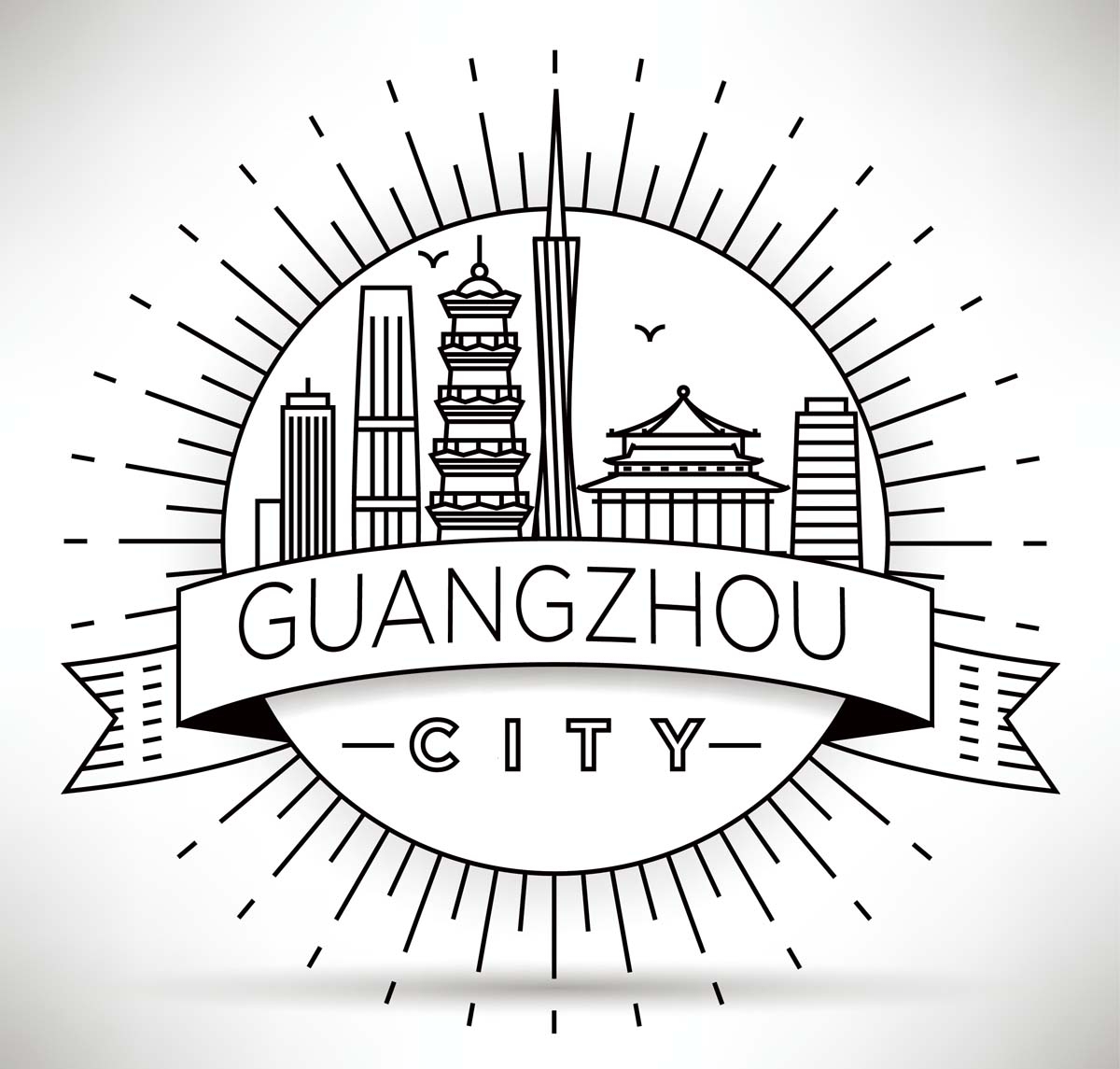 广州城市建筑剪影插画线稿平面海报素材