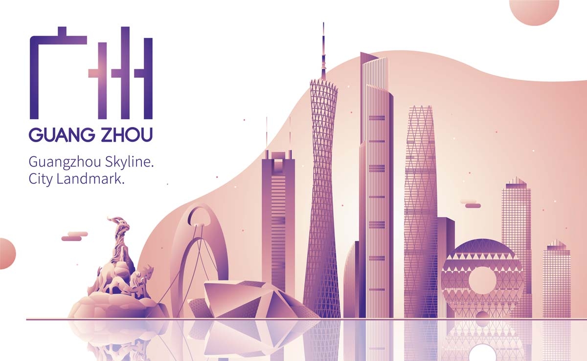 广州城市建筑剪影插画线稿平面海报素材