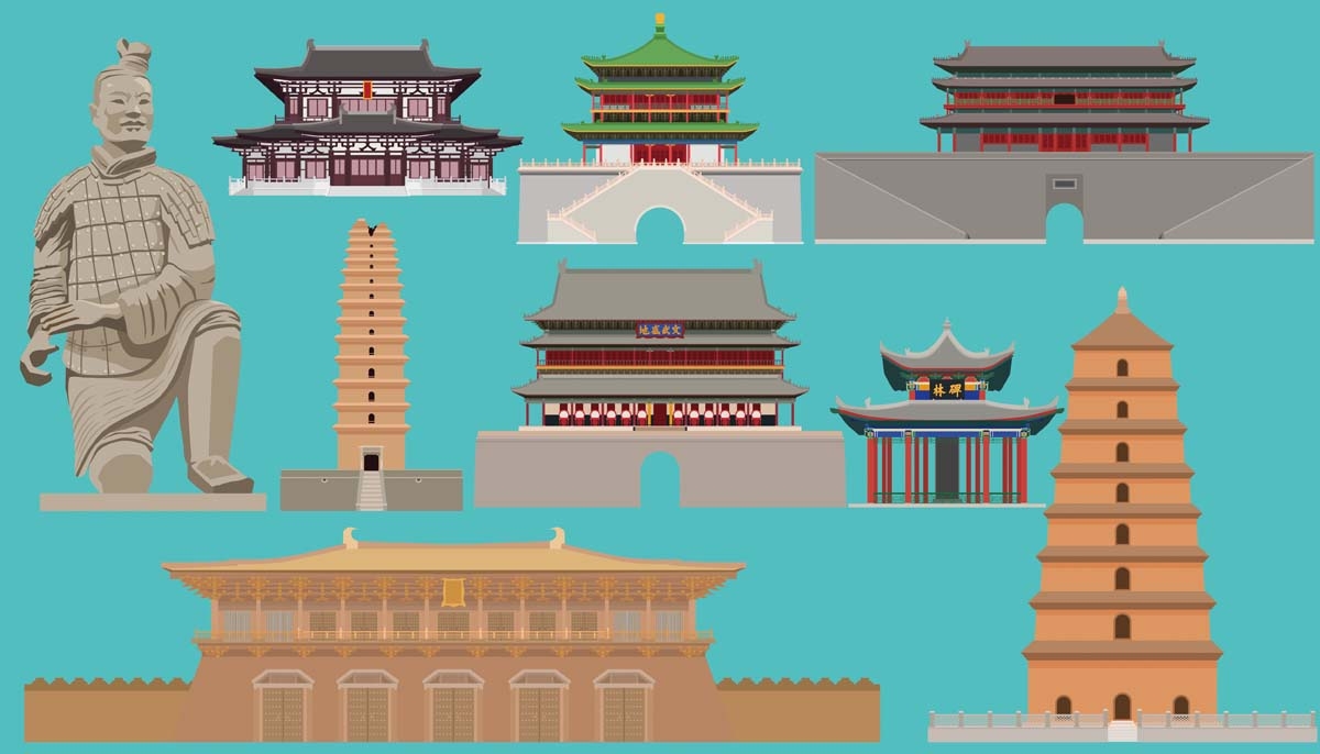 西安城市建筑剪影插画线稿平面海报素材