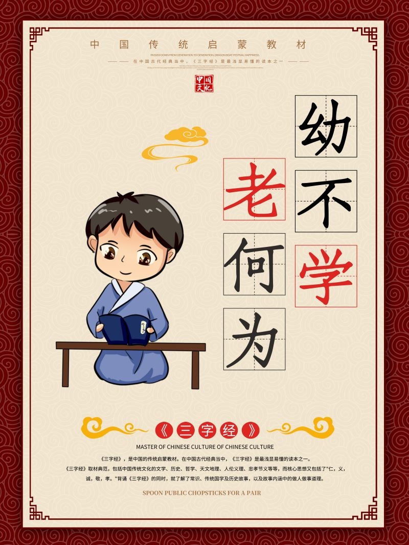 中国风古典传统美德中华文化三字经海报学校宣传展板素材