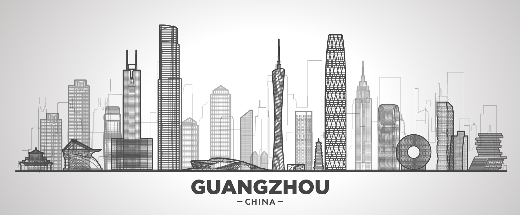 广州城市建筑剪影插画线稿平面海报素材