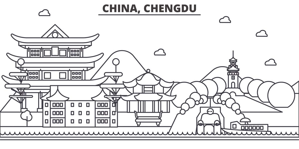 成都城市建筑剪影插画线稿平面海报素材