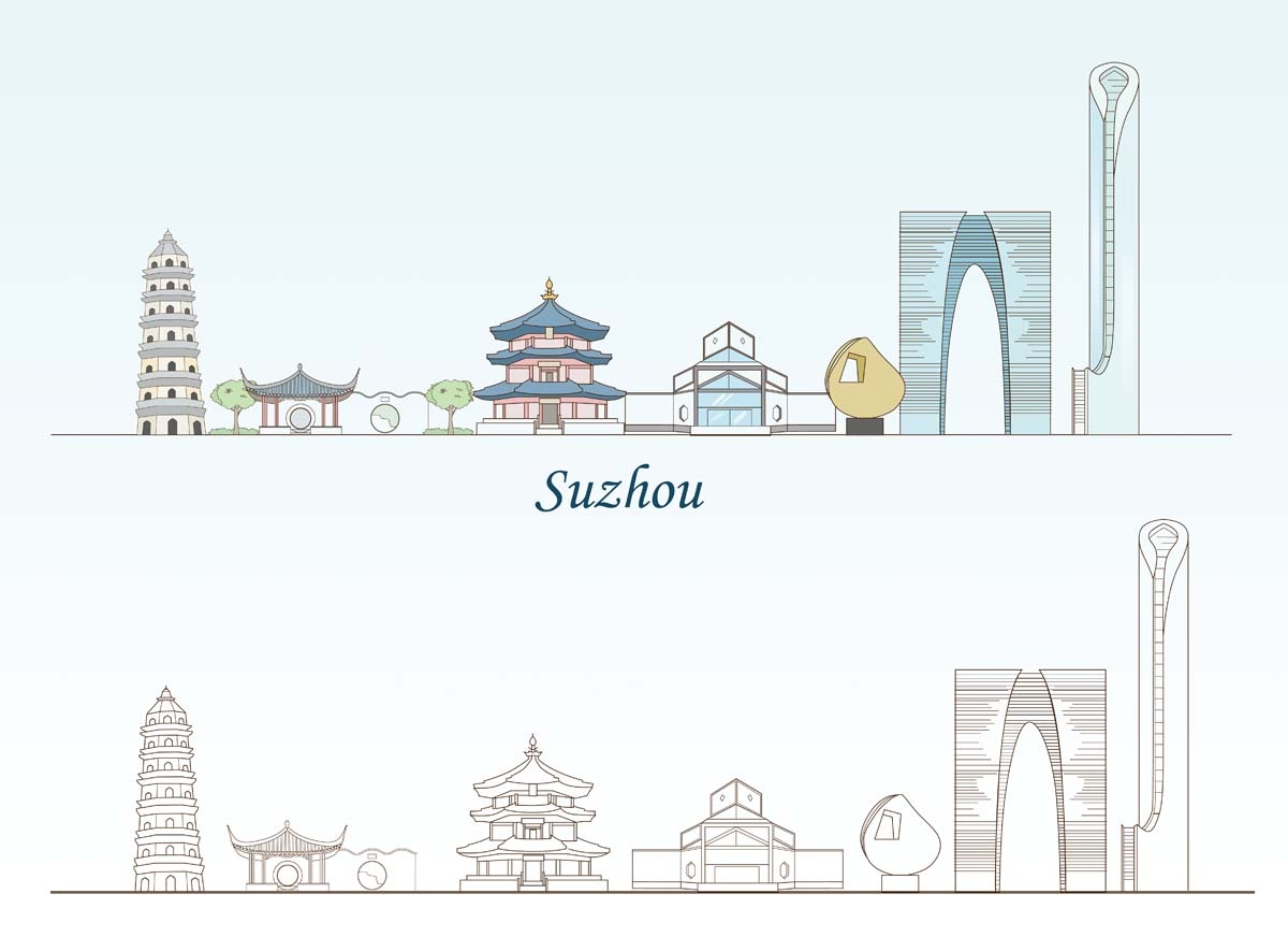 苏州城市建筑剪影插画线稿平面海报素材