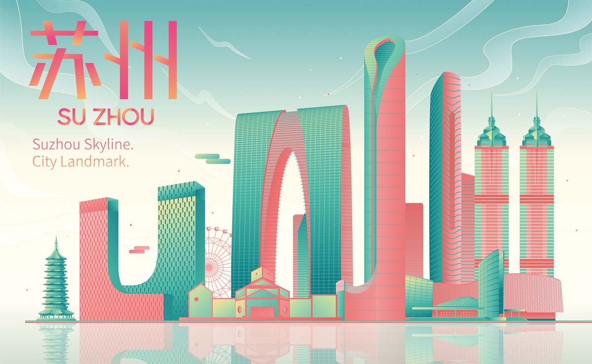 苏州城市建筑剪影插画线稿平面海报素材