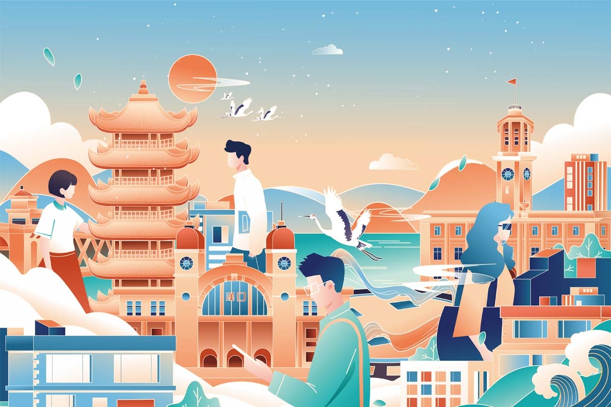 国潮武汉城市建筑线稿插画平面海报素材