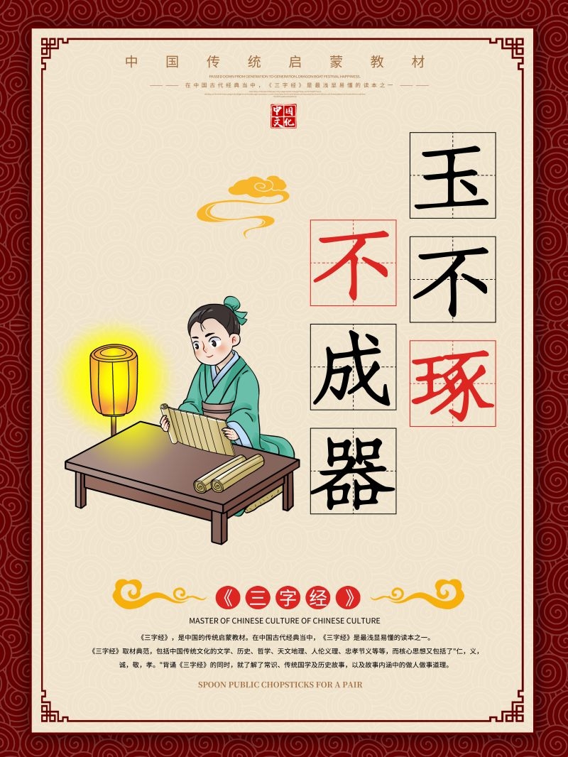 中国风古典传统美德中华文化三字经海报学校宣传展板素材