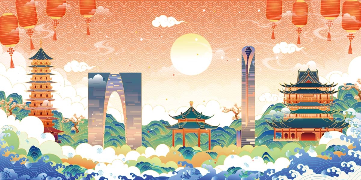 苏州城市建筑剪影插画线稿平面海报素材