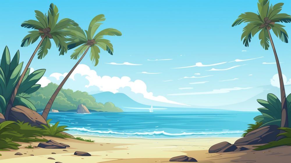 手绘卡通夏天夏日大海边沙滩天空自然风景插画背景展板海报矢量素材图 (13)