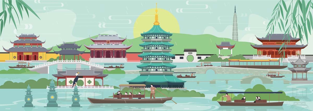 杭州城市建筑剪影插画海报素材