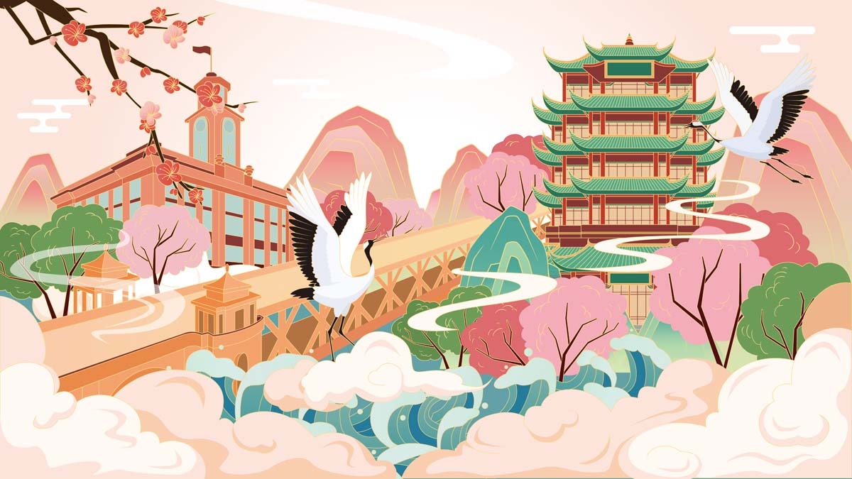国潮武汉城市建筑线稿插画平面海报素材