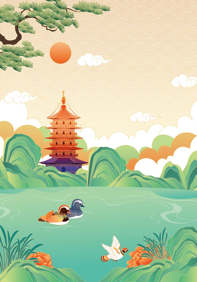 杭州城市建筑剪影插画海报素材