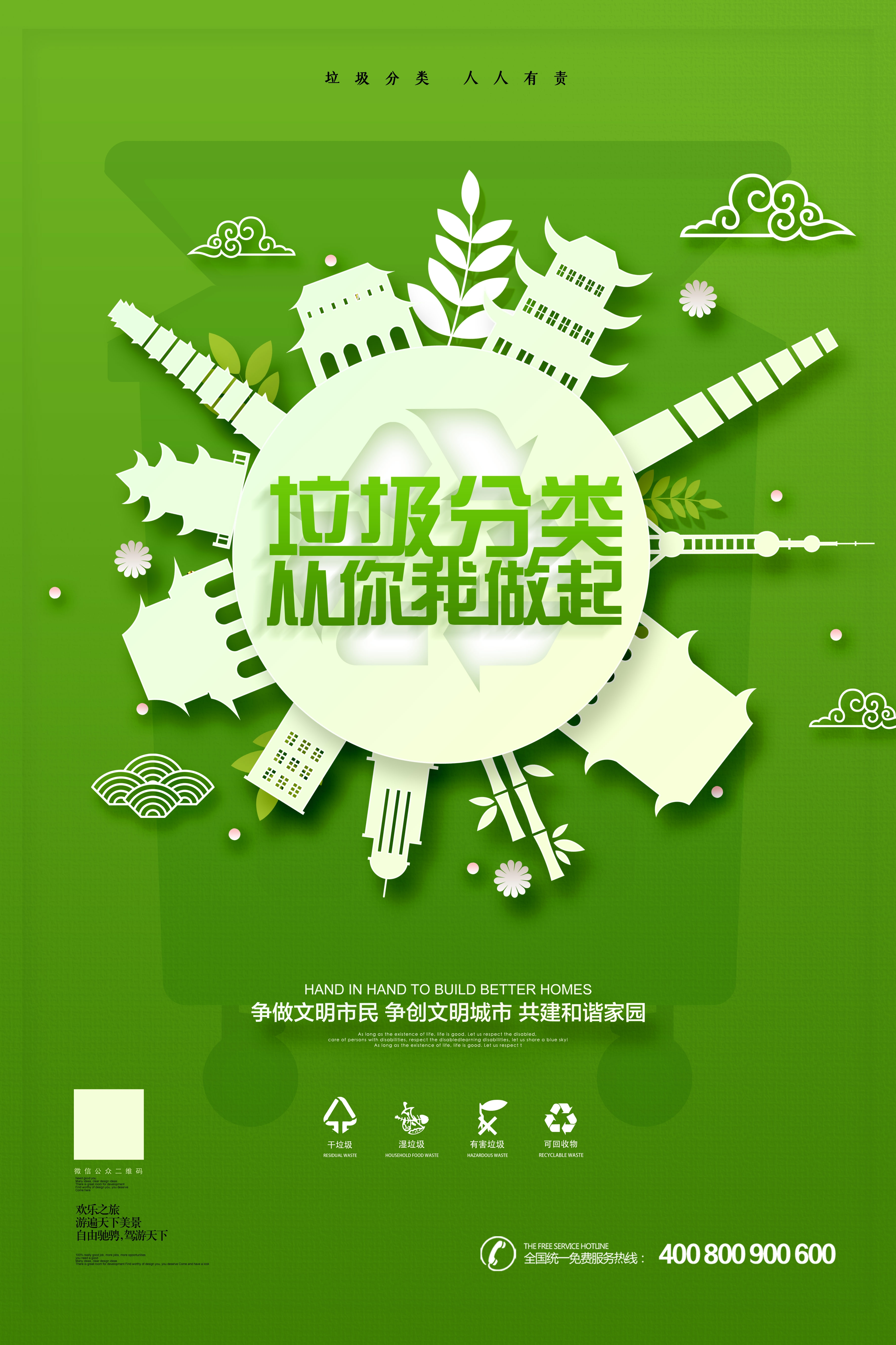垃圾分类从我做起循环利用绿色环保垃圾不落地海报展板78