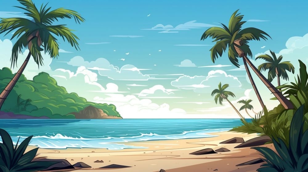 手绘卡通夏天夏日大海边沙滩天空自然风景插画背景展板海报矢量素材图