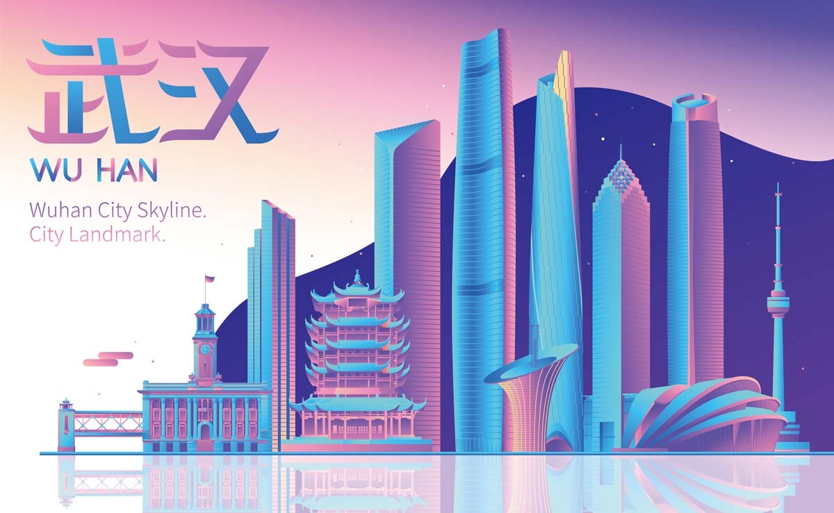 国潮武汉城市建筑线稿插画平面海报素材