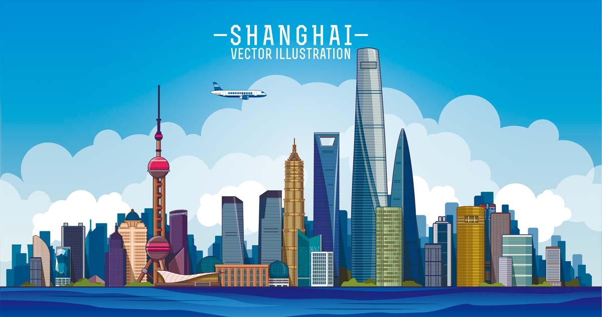 上海城市建筑剪影插画线稿平面海报素材