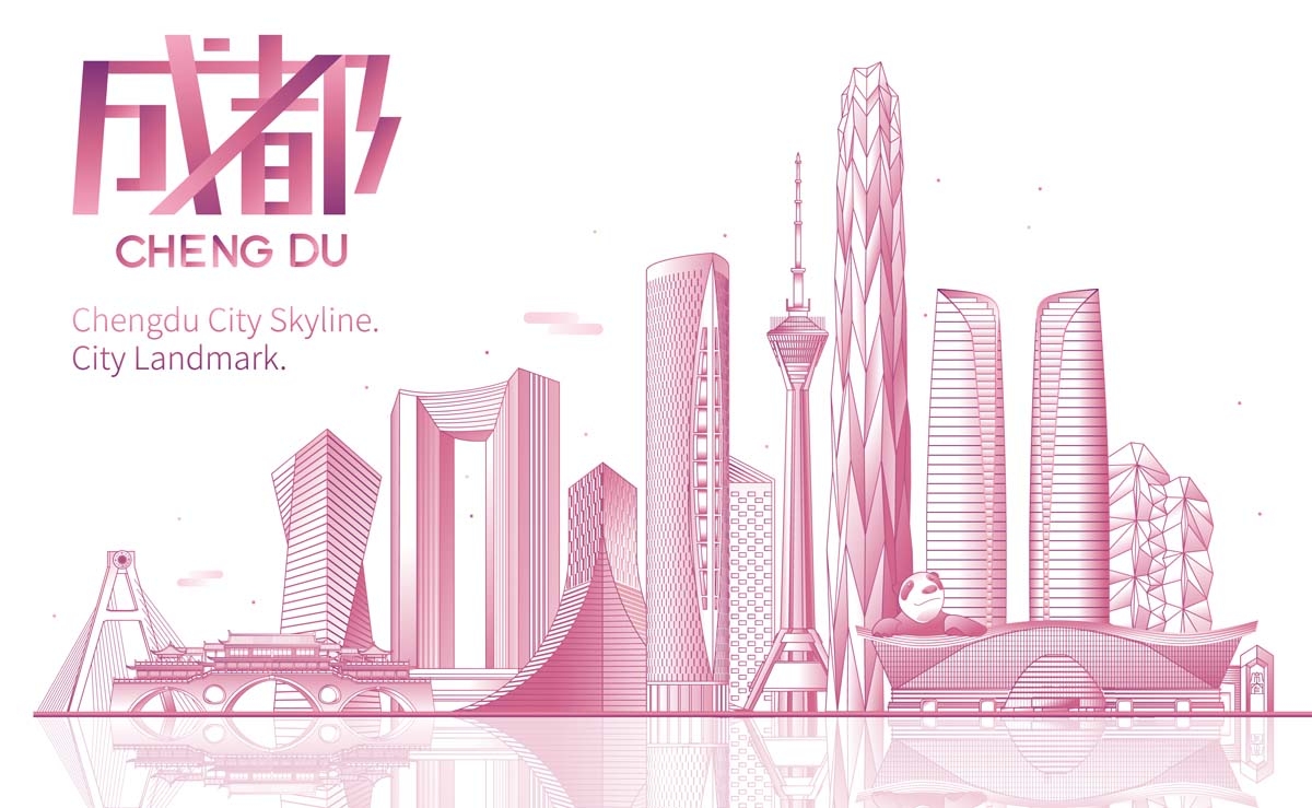 成都城市建筑剪影插画线稿平面海报素材