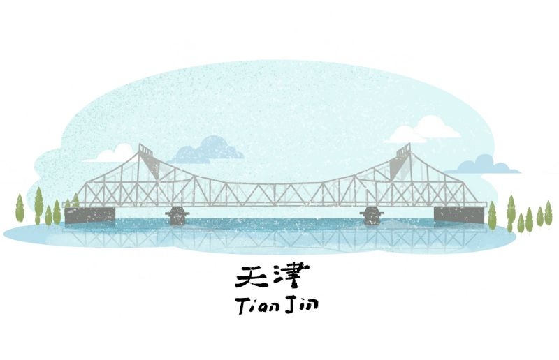国潮天津城市建筑线稿平面海报素材