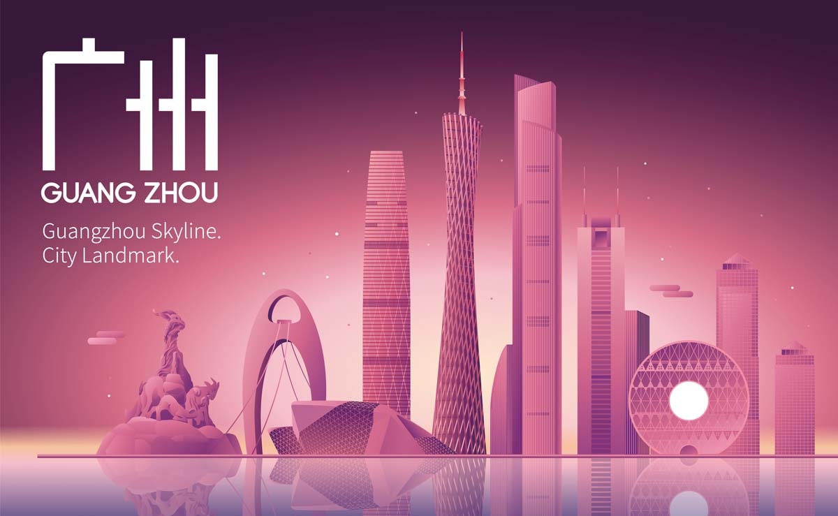 广州城市建筑剪影插画线稿平面海报素材