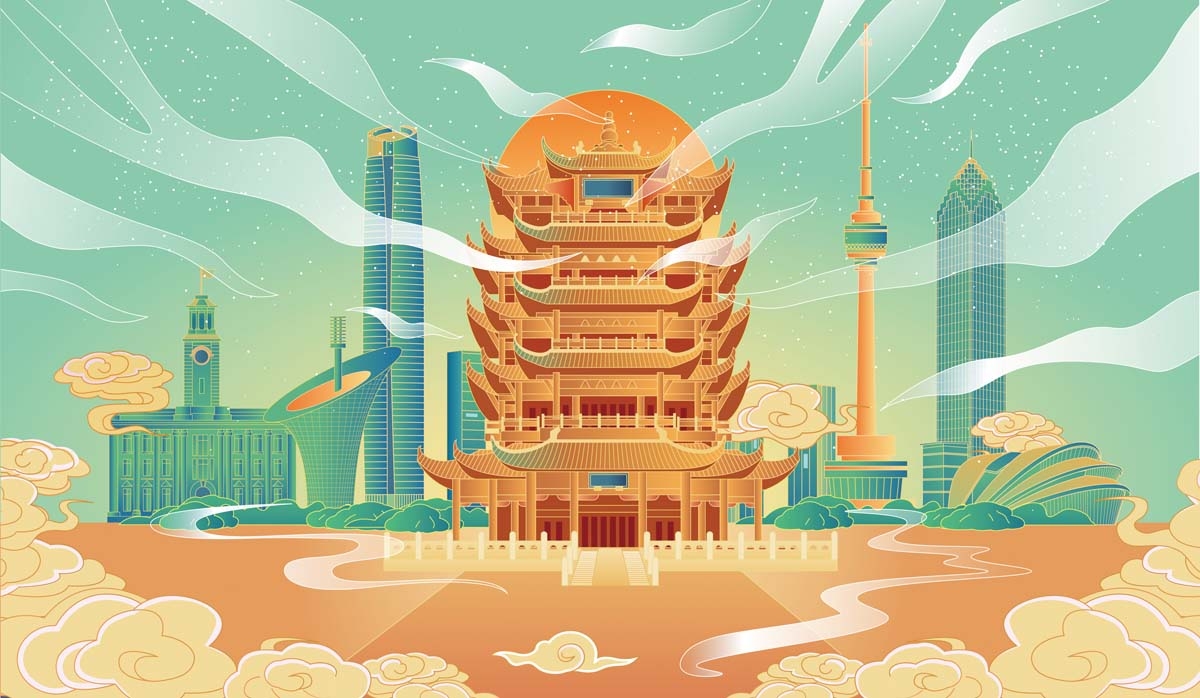 国潮武汉城市建筑线稿插画平面海报素材