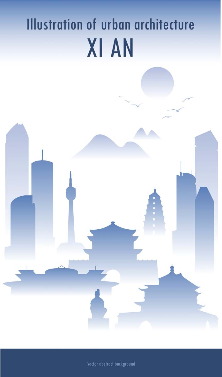 西安城市建筑剪影插画线稿平面海报素材