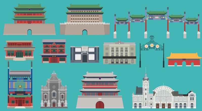 北京城市建筑剪影插画线稿平面海报素材