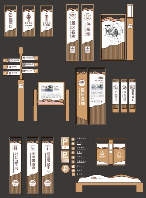 旅游景区全套复古导视指示牌背景墙宣传栏模板