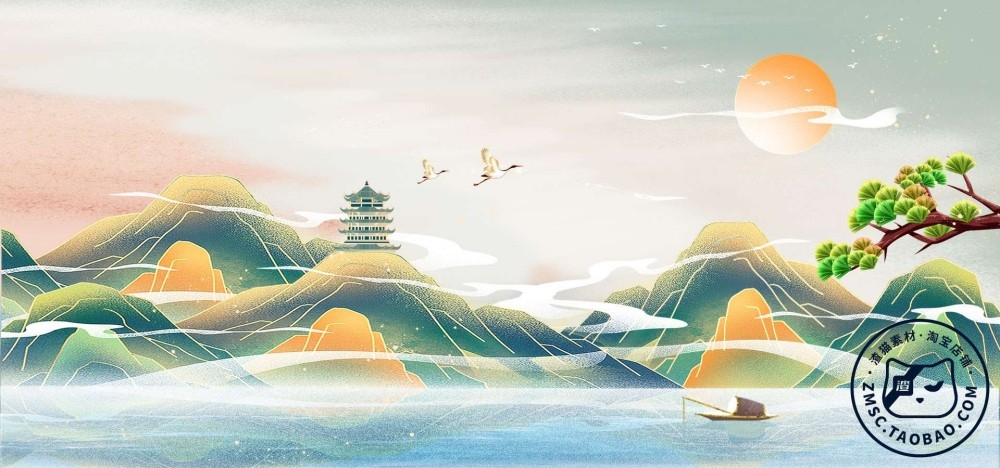 中国风国潮风祥云山水建筑花卉插画海报背景 (109)