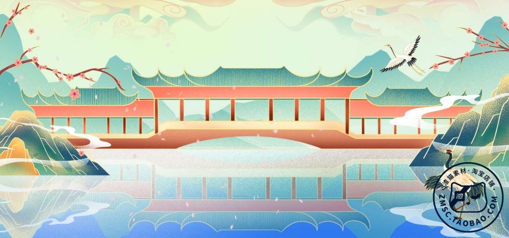 中国风国潮风祥云山水建筑花卉插画海报背景 (98)